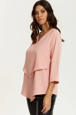 Women Hoxton Gal 3/4 Sleeves V Neck Layered Relaxed Fit Top