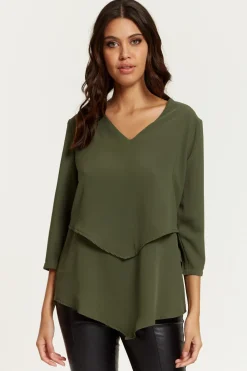 Women Hoxton Gal 3/4 Sleeves V Neck Layered Relaxed Fit Top