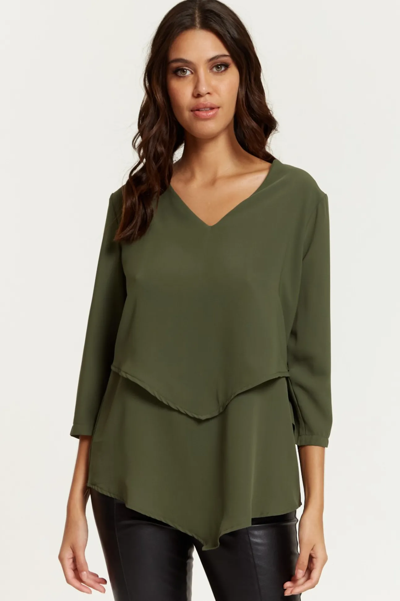 Women Hoxton Gal 3/4 Sleeves V Neck Layered Relaxed Fit Top