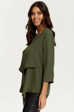 Women Hoxton Gal 3/4 Sleeves V Neck Layered Relaxed Fit Top