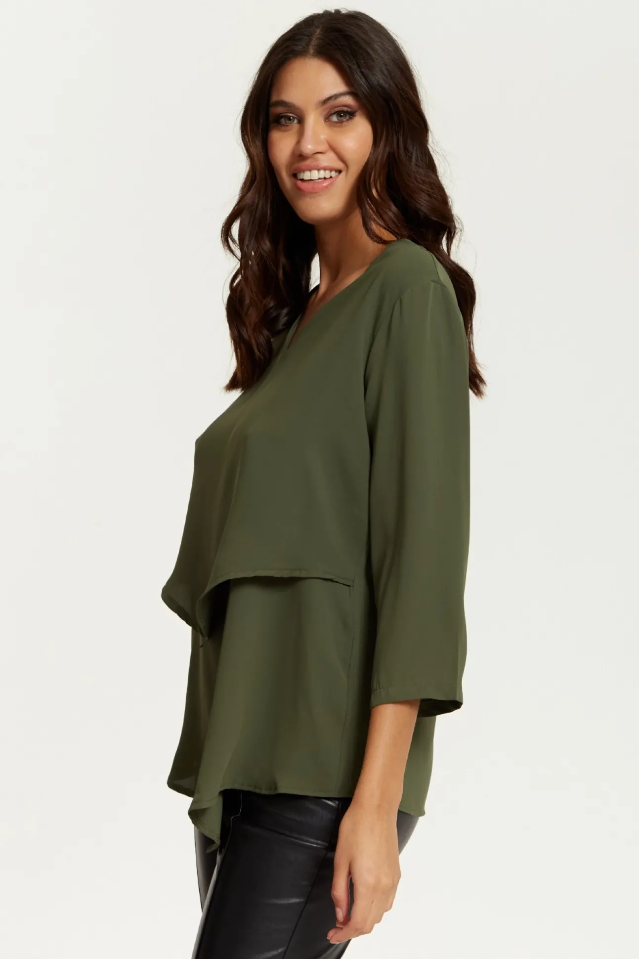 Women Hoxton Gal 3/4 Sleeves V Neck Layered Relaxed Fit Top