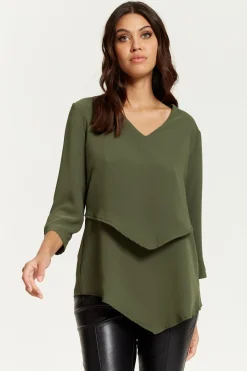 Women Hoxton Gal 3/4 Sleeves V Neck Layered Relaxed Fit Top