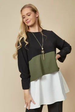 Women Hoxton Gal Colour Block Top With Necklace- Black,Khaki White