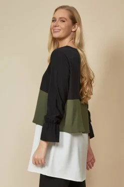 Women Hoxton Gal Colour Block Top With Necklace- Black,Khaki White