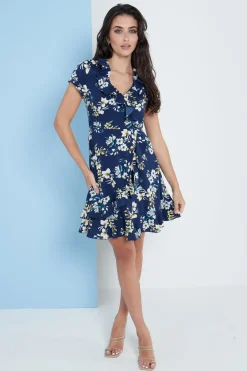 Women Lilura London Blue Floral Wrap Frill Dress