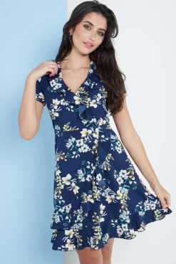 Women Lilura London Blue Floral Wrap Frill Dress