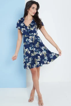 Women Lilura London Blue Floral Wrap Frill Dress