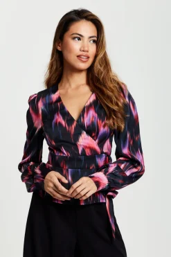 Women Liquorish Abstract Feather Print Wrap Top In And Print
