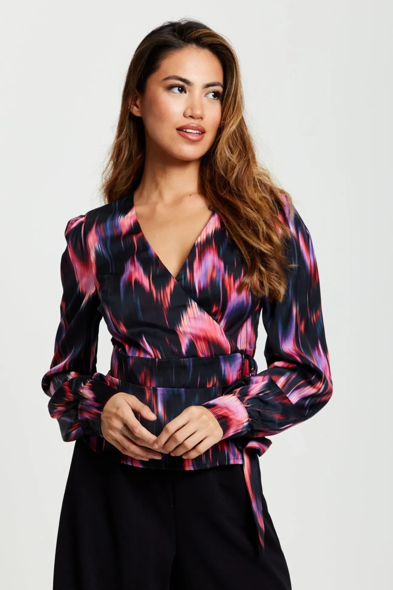 Women Liquorish Abstract Feather Print Wrap Top In And Print