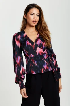 Women Liquorish Abstract Feather Print Wrap Top In And Print