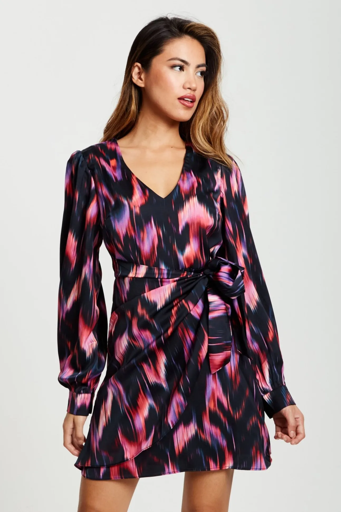 Women Liquorish Abstract Ikat Print Mini Wrap Dress In