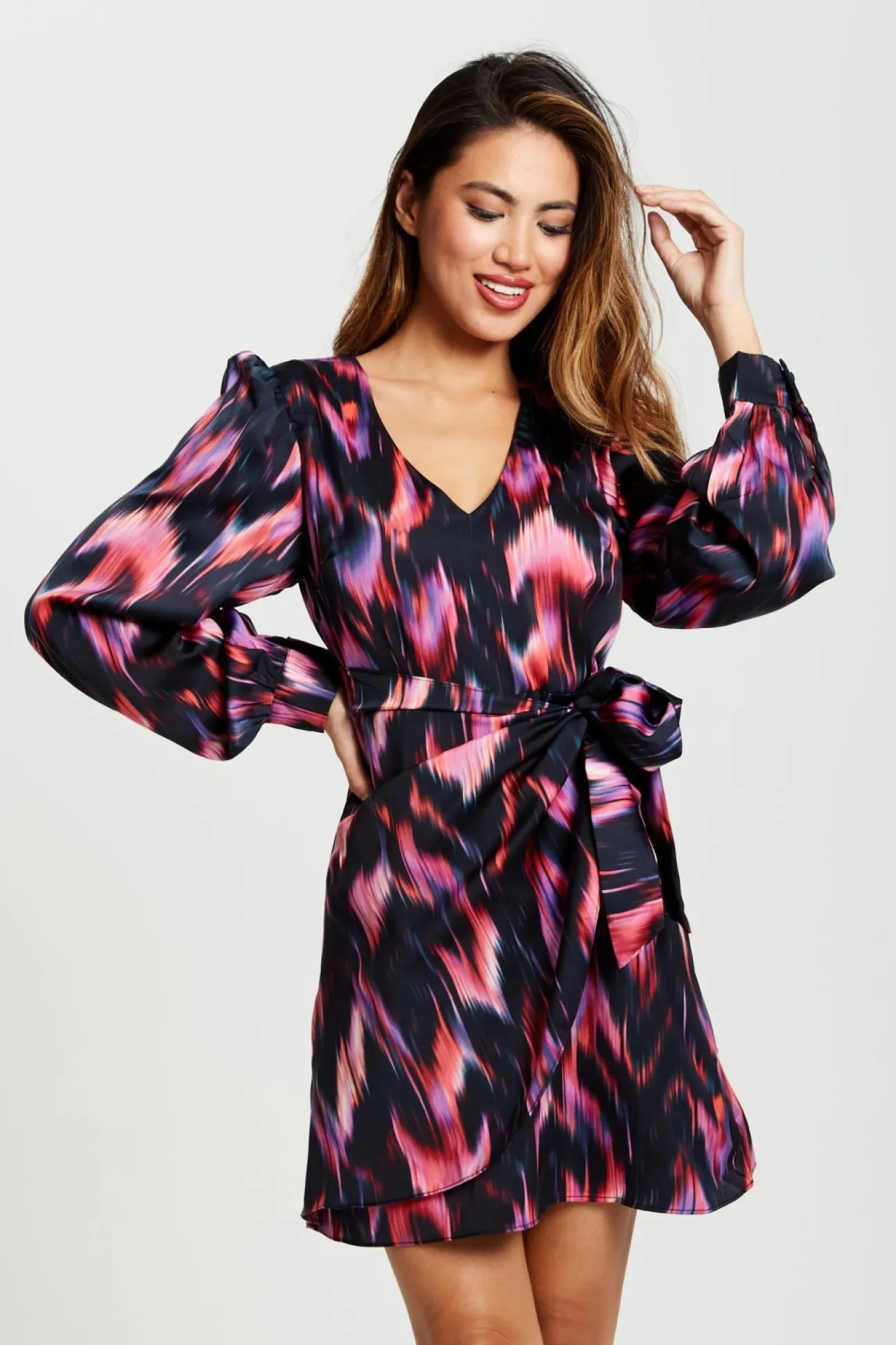 Women Liquorish Abstract Ikat Print Mini Wrap Dress In