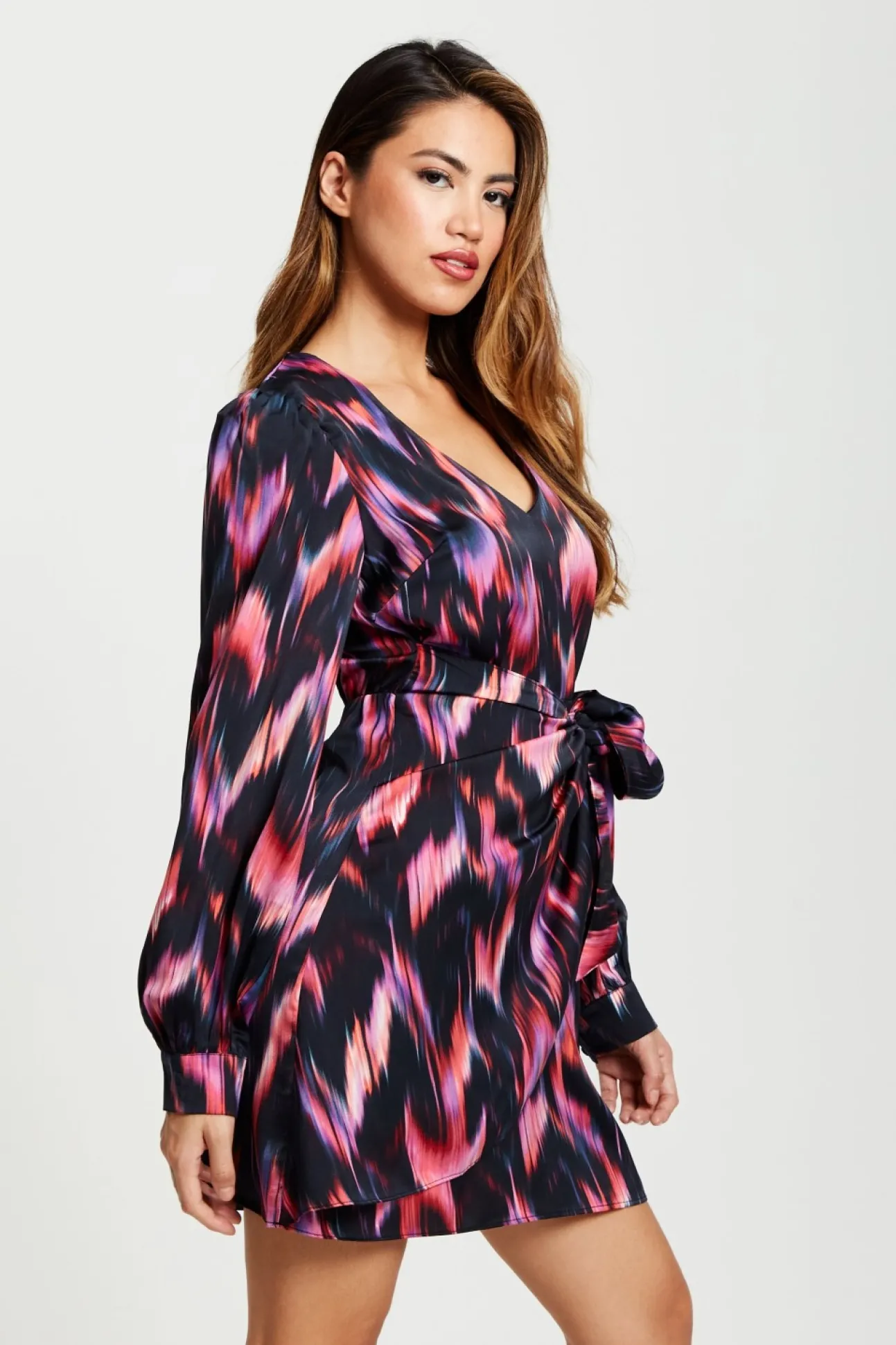 Women Liquorish Abstract Ikat Print Mini Wrap Dress In
