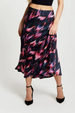 Women Liquorish Abstract Ikat Print Midi Skirt In Black And Pink