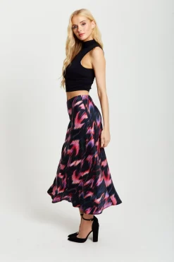Women Liquorish Abstract Ikat Print Midi Skirt In Black And Pink