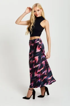 Women Liquorish Abstract Ikat Print Midi Skirt In Black And Pink