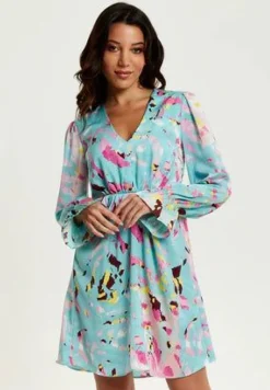 Women Liquorish Abstract Print Mini Dress With Open Back And Long Sleeves