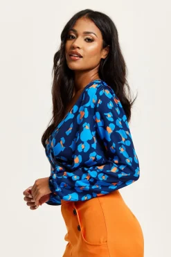 Women Liquorish Abstract Print Wrap Top In Pink Orange And Blue