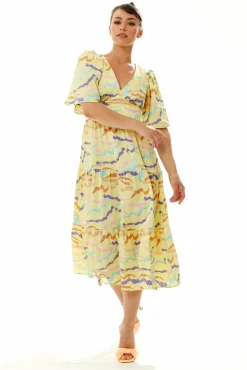 Women Liquorish Abstract Zebra Print Kimono Sleeves Midi Dress