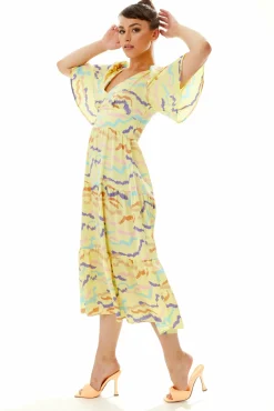 Women Liquorish Abstract Zebra Print Kimono Sleeves Midi Dress