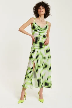 Women Liquorish And Black Abstract Print Cowl Neck Midi