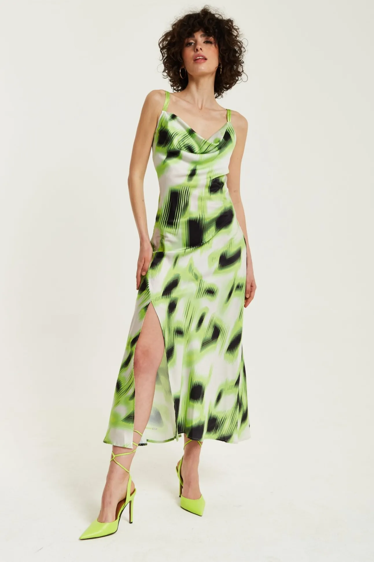 Women Liquorish And Black Abstract Print Cowl Neck Midi