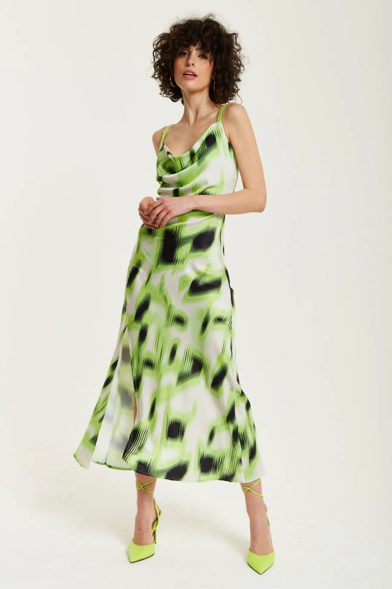 Women Liquorish And Black Abstract Print Cowl Neck Midi
