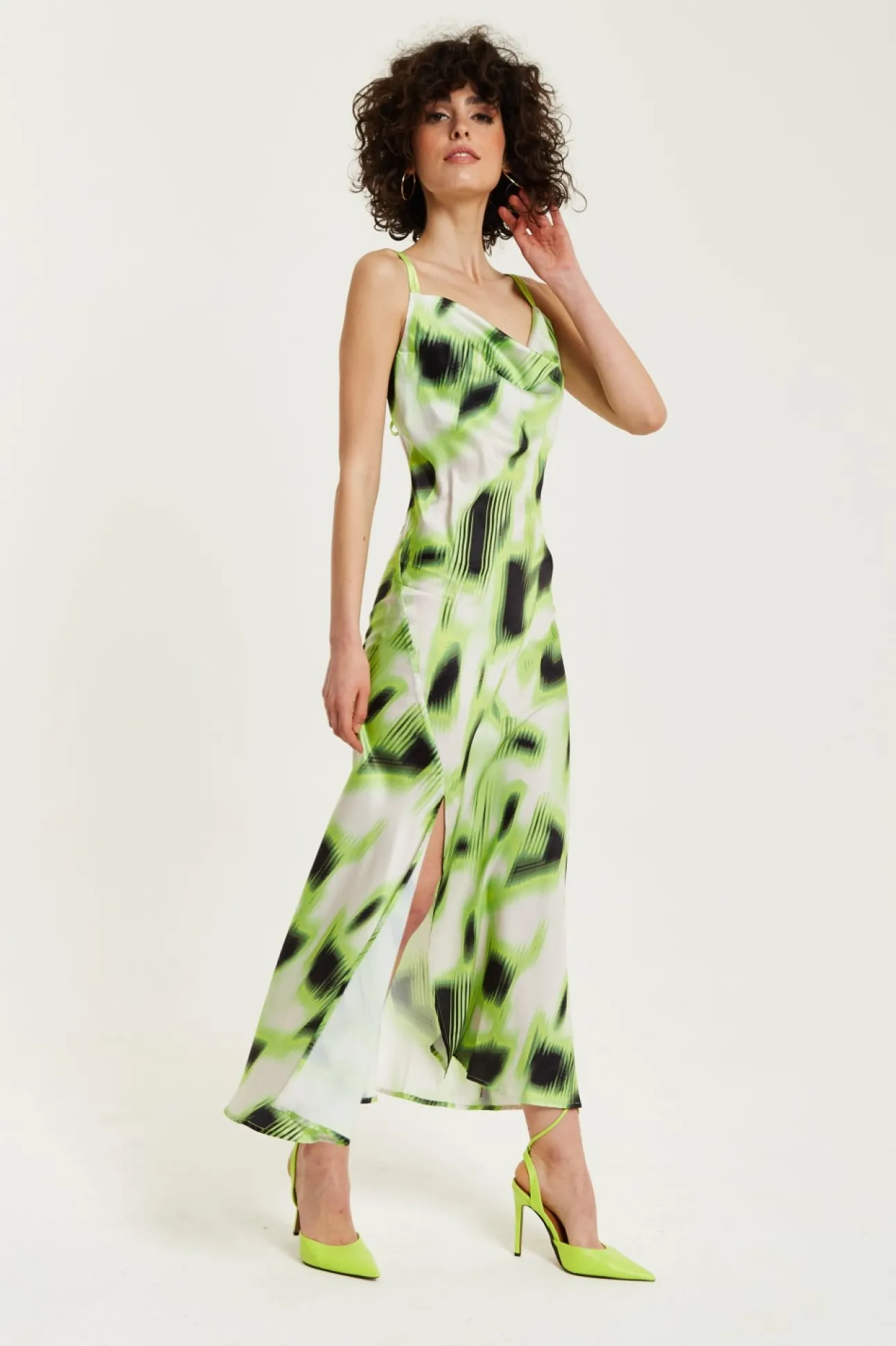 Women Liquorish And Black Abstract Print Cowl Neck Midi