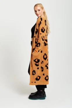 Women Liquorish Animal Pattern Longline Cardigan In Brown