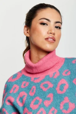 Women Liquorish Animal Pattern Roll Neck Jumper