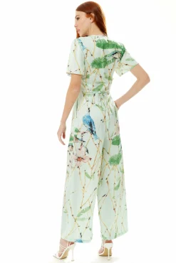 Women Liquorish Bird Print Jumpsuit In Mint Green