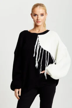 Women Liquorish Black And White Jumper With Tassel Detail