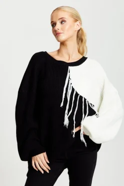 Women Liquorish Black And White Jumper With Tassel Detail