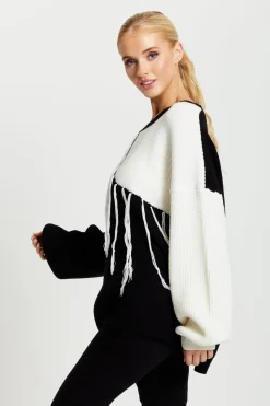 Women Liquorish Black And White Jumper With Tassel Detail