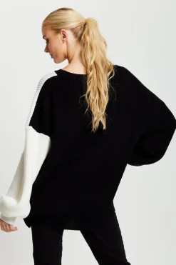 Women Liquorish Black And White Jumper With Tassel Detail
