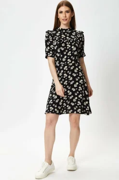 Women Liquorish Black Floral Mini Dress With Frill Details