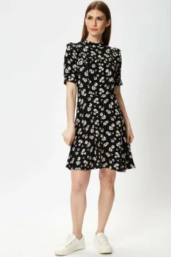 Women Liquorish Black Floral Mini Dress With Frill Details