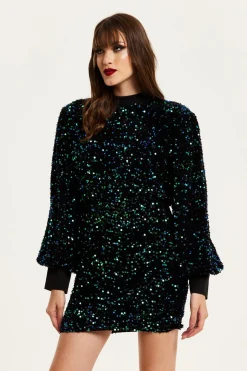 Women Liquorish Black Velvet Based Green And Blue Sequin Mini Dress