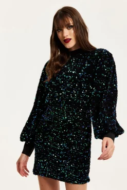 Women Liquorish Black Velvet Based Green And Blue Sequin Mini Dress