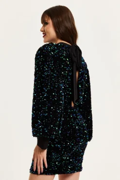 Women Liquorish Black Velvet Based Green And Blue Sequin Mini Dress