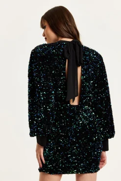 Women Liquorish Black Velvet Based Green And Blue Sequin Mini Dress