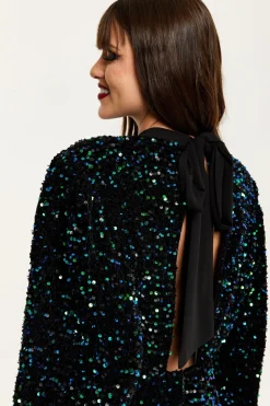 Women Liquorish Black Velvet Based Green And Blue Sequin Mini Dress