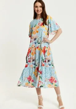 Women Liquorish Blue Floral Print Maxi Smock Dress