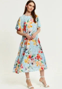 Women Liquorish Blue Floral Print Maxi Smock Dress