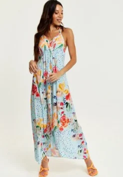 Women Liquorish Blue Floral Print Midi Asymmetrical Dress With Open Back