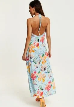 Women Liquorish Blue Floral Print Midi Asymmetrical Dress With Open Back