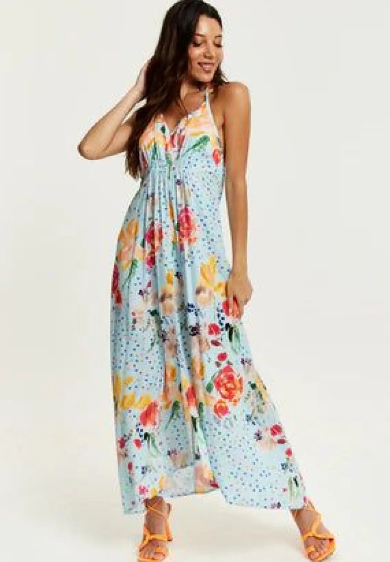 Women Liquorish Blue Floral Print Midi Asymmetrical Dress With Open Back