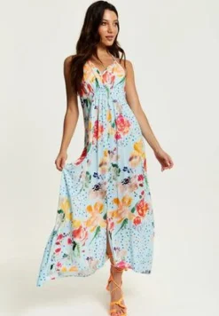 Women Liquorish Blue Floral Print Midi Asymmetrical Dress With Open Back