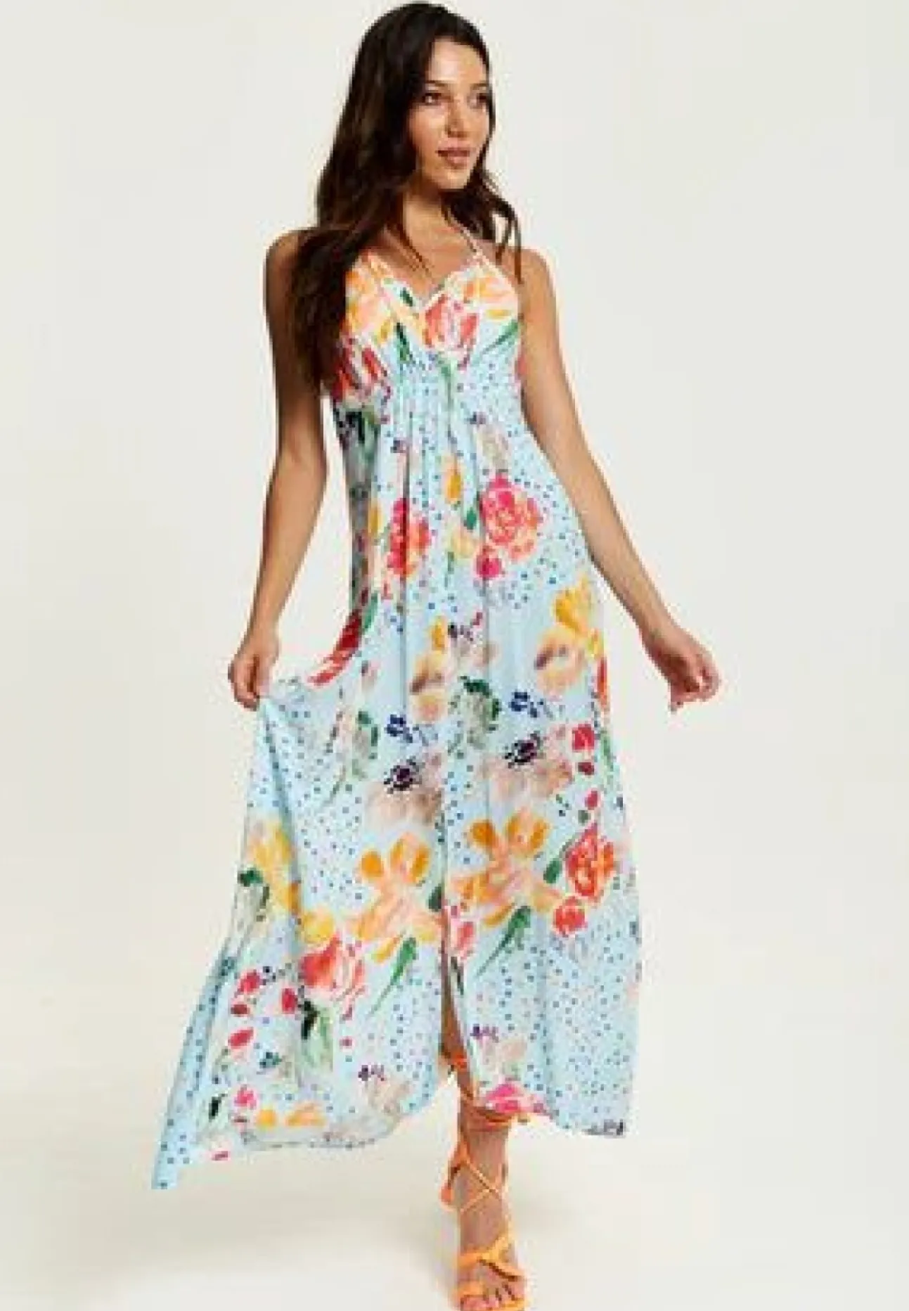 Women Liquorish Blue Floral Print Midi Asymmetrical Dress With Open Back
