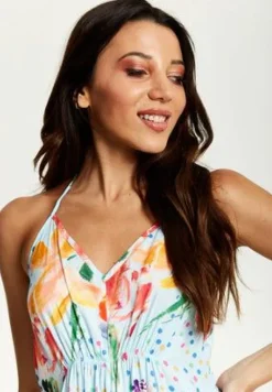 Women Liquorish Blue Floral Print Midi Asymmetrical Dress With Open Back